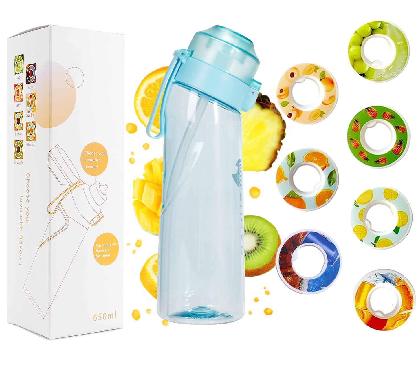 Air Water Bottle with 7 Flavor Pods, 650ML Fruit Fragrance Water Bottle, 0% Sugar Water Cup, Black