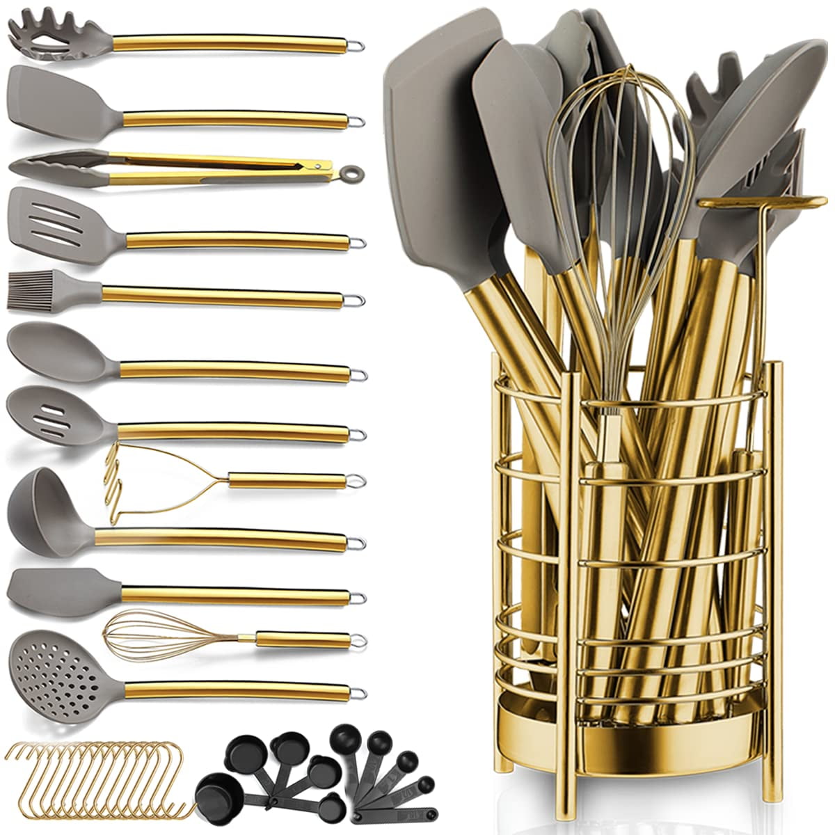 ReaNea Gold 38 Pieces Silicone Kitchen Utensils Set  With Sturdy Stainless Steel Utensil Holder
