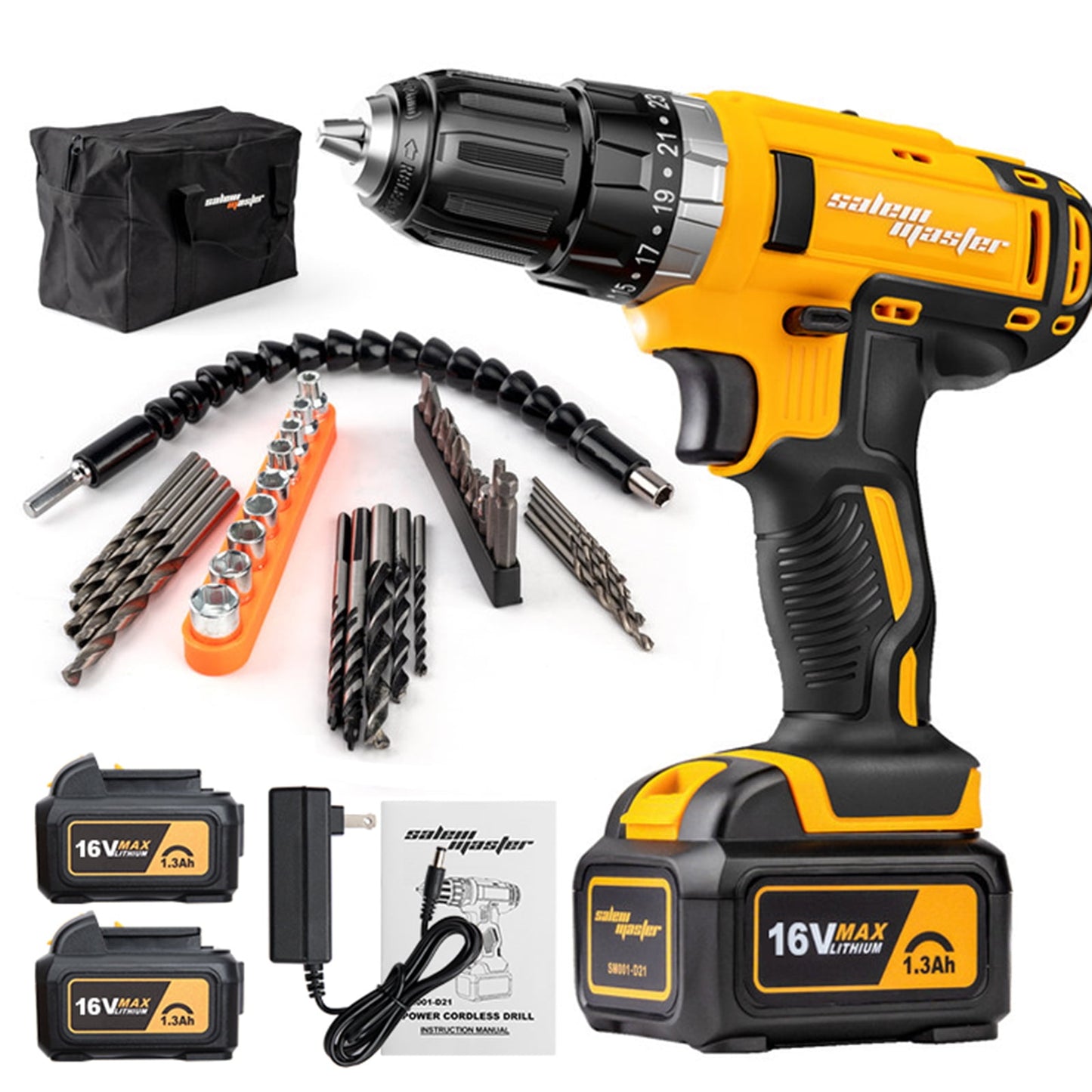 SALEM MASTER Electric Drill Driver 16V Max 3/8'' Cordless Drill for Home Improvement & DIY Projects(2 Batteries)